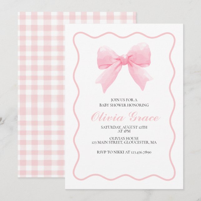 Pink bow and gingham preppy baby shower invitation (Front/Back)