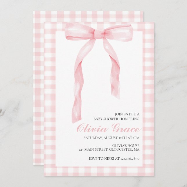 Pink bow and gingham preppy baby shower invitation (Front/Back)
