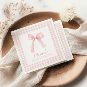 Pink bow and gingham preppy baby shower napkin
