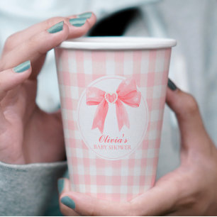 Pink bow and gingham preppy baby shower paper cups
