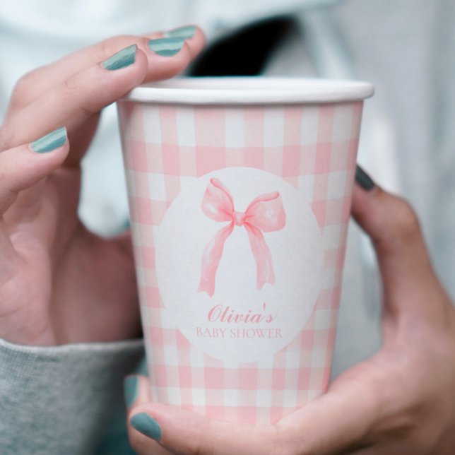Pink bow and gingham preppy baby shower paper cups (Creator Uploaded)