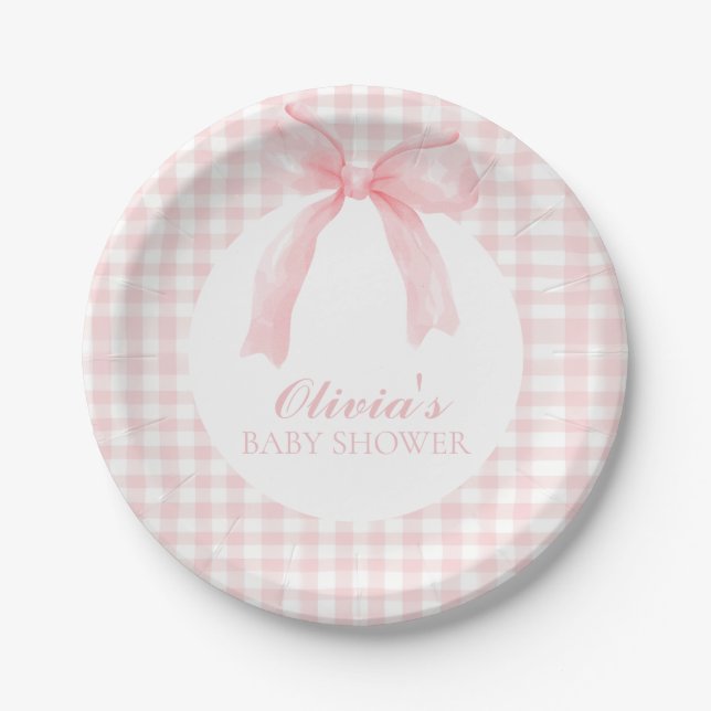 Pink bow and gingham preppy baby shower paper plate (Front)