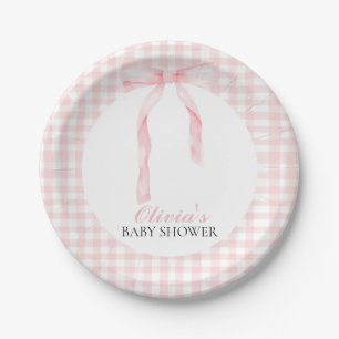 Pink bow and gingham preppy baby shower paper plate