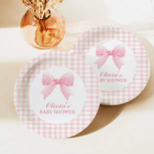 Pink bow and gingham preppy baby shower paper plate