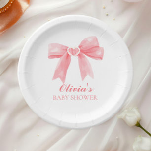 Pink bow and gingham preppy baby shower paper plate