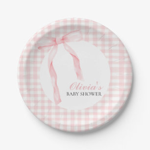 Pink bow and gingham preppy baby shower paper plate
