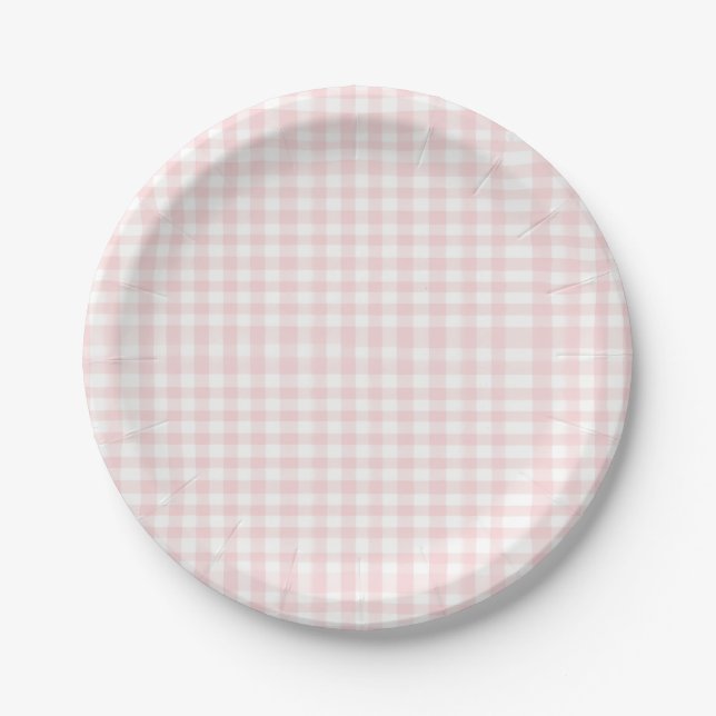 Pink bow and gingham preppy baby shower paper plate (Front)