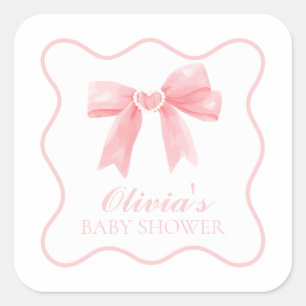 Pink bow and gingham preppy baby shower square sticker
