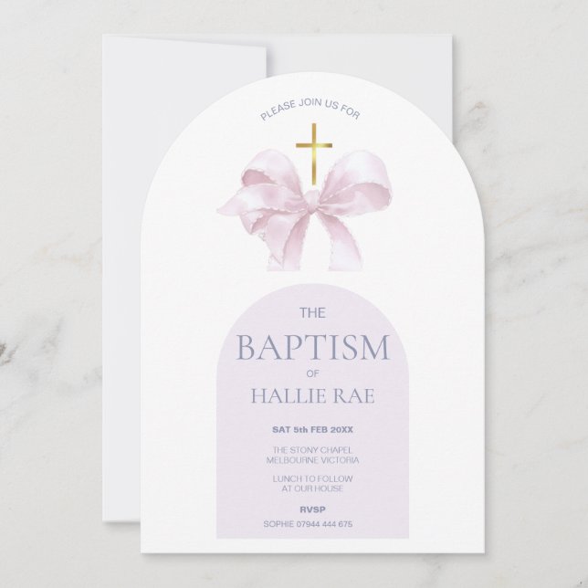 Pink Bow and Gold Cross Baptism Arched Invitation (Front)