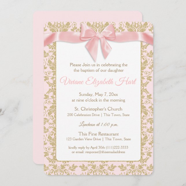 Pink Bow and Gold Damask Baptism Invitation (Front/Back)