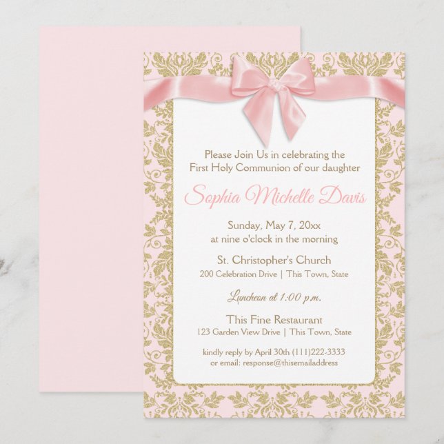 Pink Bow and Gold Damask First Communion Invitation (Front/Back)