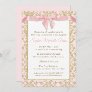 Pink Bow and Gold Damask First Communion Invitation