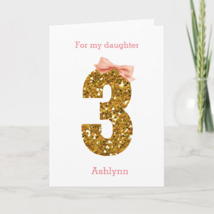 Pink Bow and Gold Glitter 3rd Birthday Daughter Card