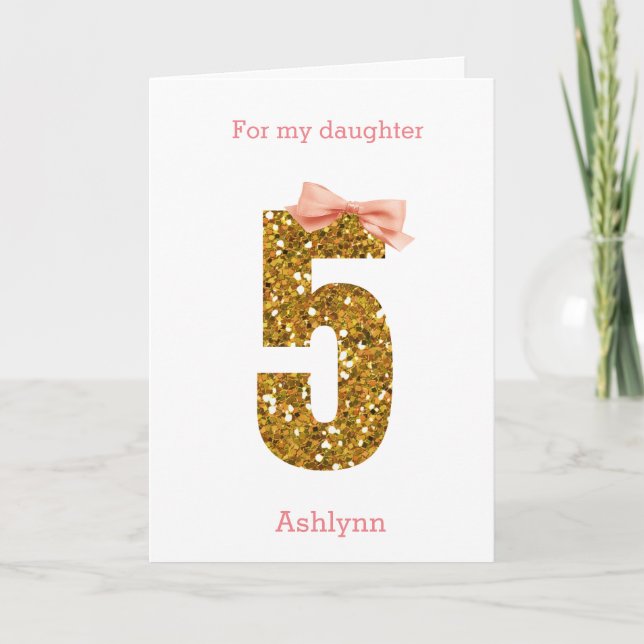 Pink Bow and Gold Glitter 5th Birthday Card (Front)