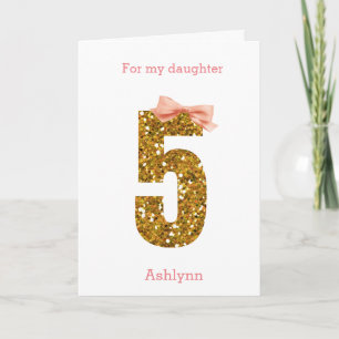 Pink Bow and Gold Glitter 5th Birthday Card