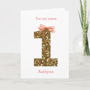 Pink Bow and Gold Glitter Happy 1st Birthday Niece Card