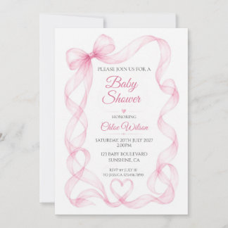 Pink Bow and Heart Baby Girl Shower Invitation