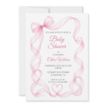 Pink Bow and Heart Baby Girl Shower Invitation