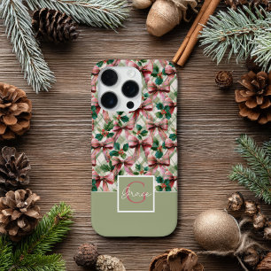 Pink Bow and Holly Watercolor Christmas  Pattern iPhone 16 Pro Case
