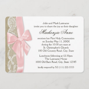 Pink Bow and Lace First Communion Invitation