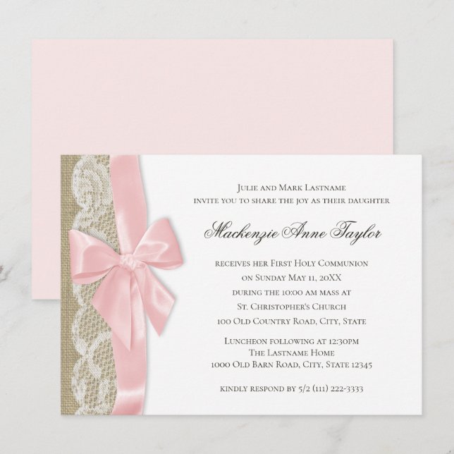 Pink Bow and Lace First Communion Invitation (Front/Back)