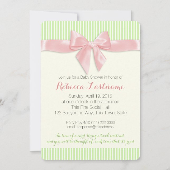 Pink Bow and Pin Stripes Baby Shower Invitation (Front)
