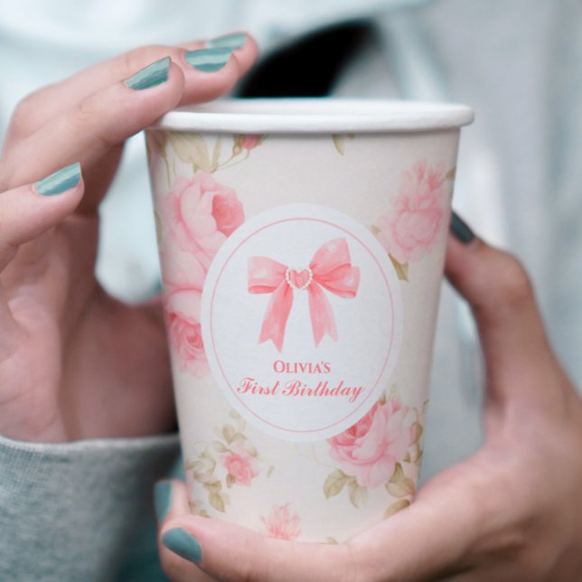 Pink Bow and Roses Coquette  1st birthday Paper Cups (Creator Uploaded)