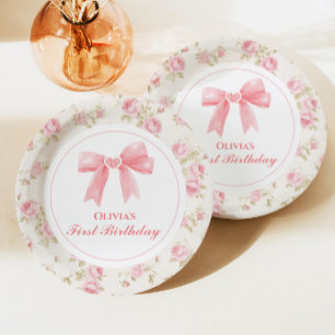 Pink Bow and Roses Coquette 1st birthday Paper Plate