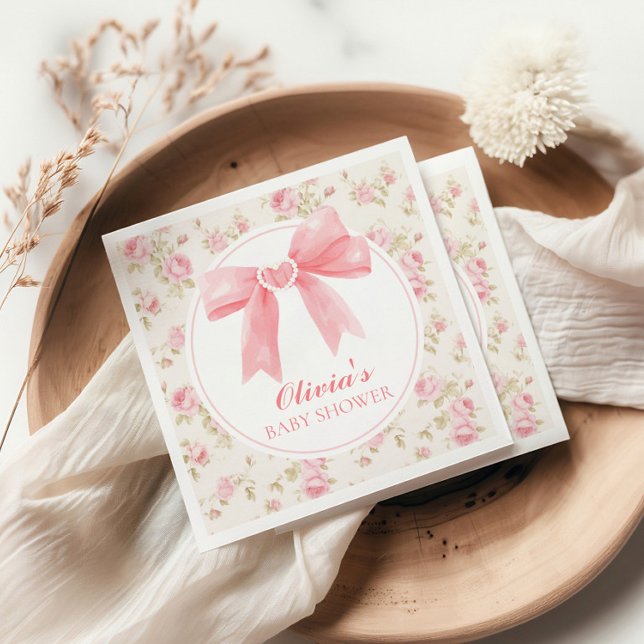 Pink bow and roses preppy baby shower napkin (Creator Uploaded)