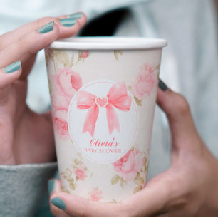 Pink bow and roses preppy baby shower paper cups