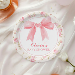 Pink bow and roses preppy baby shower paper plate
