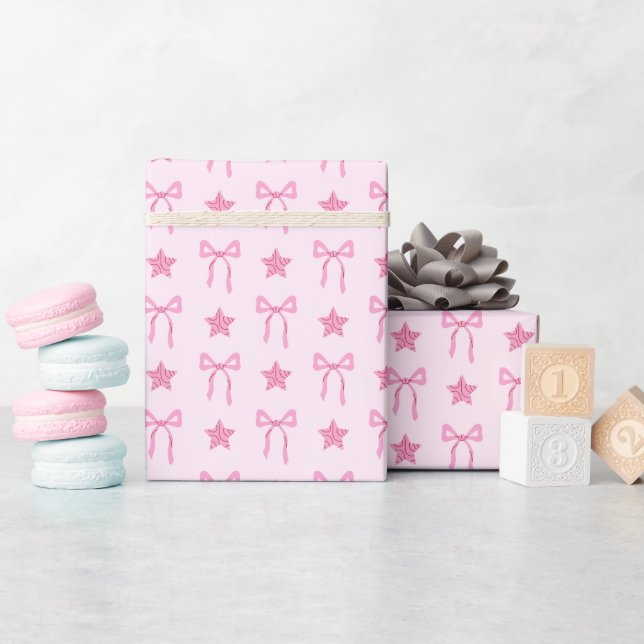 Pink Bow and Star Pattern Wrapping Paper Roll (Baby Shower)