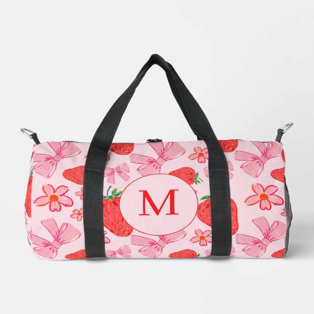 Pink Bow and Strawberry Girly Pattern Duffel Bag (Front)