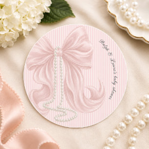 Pink Bow and Stripes Baby Shower Classic Round Sticker