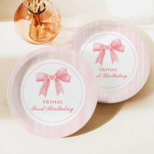 Pink Bow and Stripes Coquette 1st birthday Paper Plate