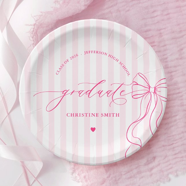 Pink Bow and Stripes Graduate Paper Plate (Creator Uploaded)