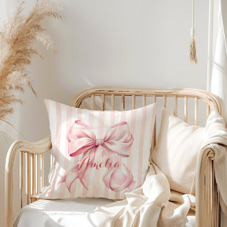 Pink Bow and Stripes Personalized Cushion