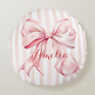 Pink Bow and Stripes Personalized Round Cushion