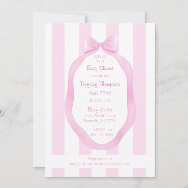 Pink Bow and Wallpaper Stripes Girl Baby Shower Invitation (Front)