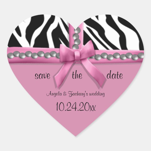Pink Bow And White Zebra Stripes With Pearls Heart Sticker (Front)