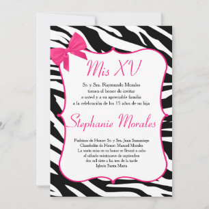 Pink Bow and Zebra Quinceanera Birthday Invitation