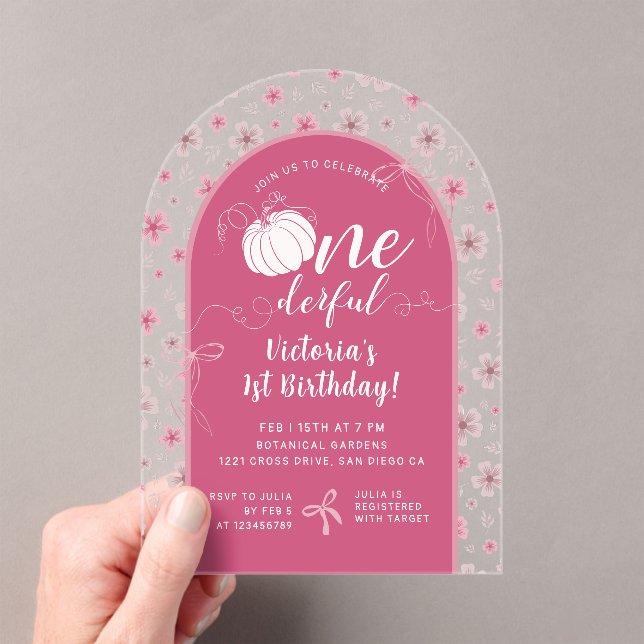 PINK BOW & ARCH FALL PUMPKIN FLOWERS BIRTHDAY ACRYLIC INVITATIONS (Insitu (Handheld))