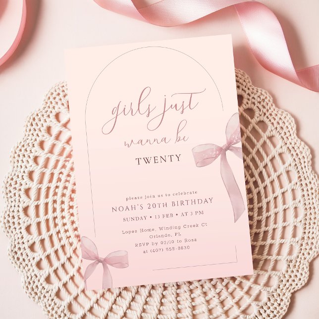 Pink Bow Arch Frame Girl 20th Birthday Invitation (Creator Uploaded)