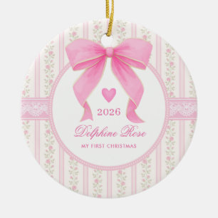 Pink Bow Baby 1st Christmas Coquette Floral Photo Ceramic Tree Decoration