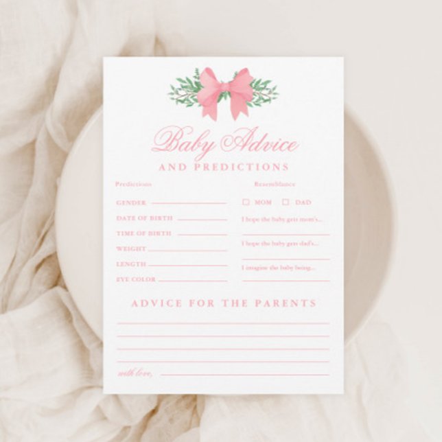 Pink Bow Baby Advice and Predictions Shower Game Invitation (Elegant Pink Bow Baby Advice and Predictions Shower Game.)