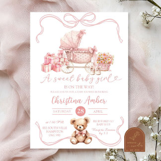 Pink Bow Baby Carriage Girl Baby Shower Invitation
