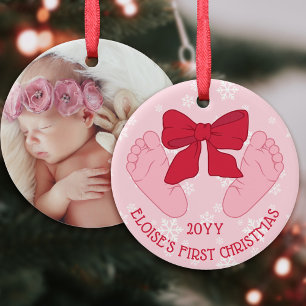 Pink Bow Baby Feet Photo Daughter First Christmas Ceramic Tree Decoration