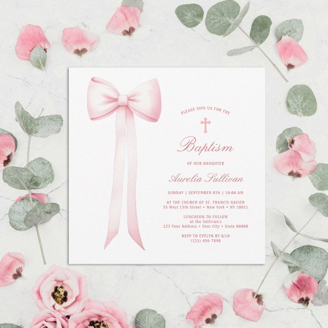Pink Bow Baby Girl Baptism Invitation (Creator Uploaded)
