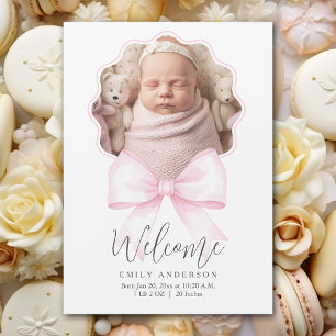 Pink Bow Baby Girl Photo Birth Announcement