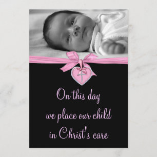 Pink Bow Baby Girl Photo Christening Invitation
